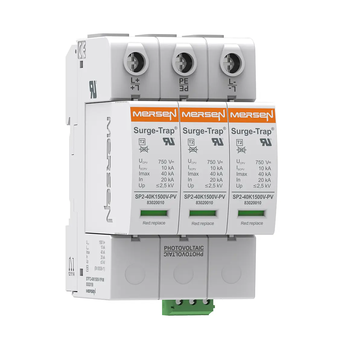 Produktfoto 1 von Mersen STPT2 Überspannungsschutz Arrester Typ 2 40 kA 1500V, DIN-Hutschiene, -40 °C→85 °C