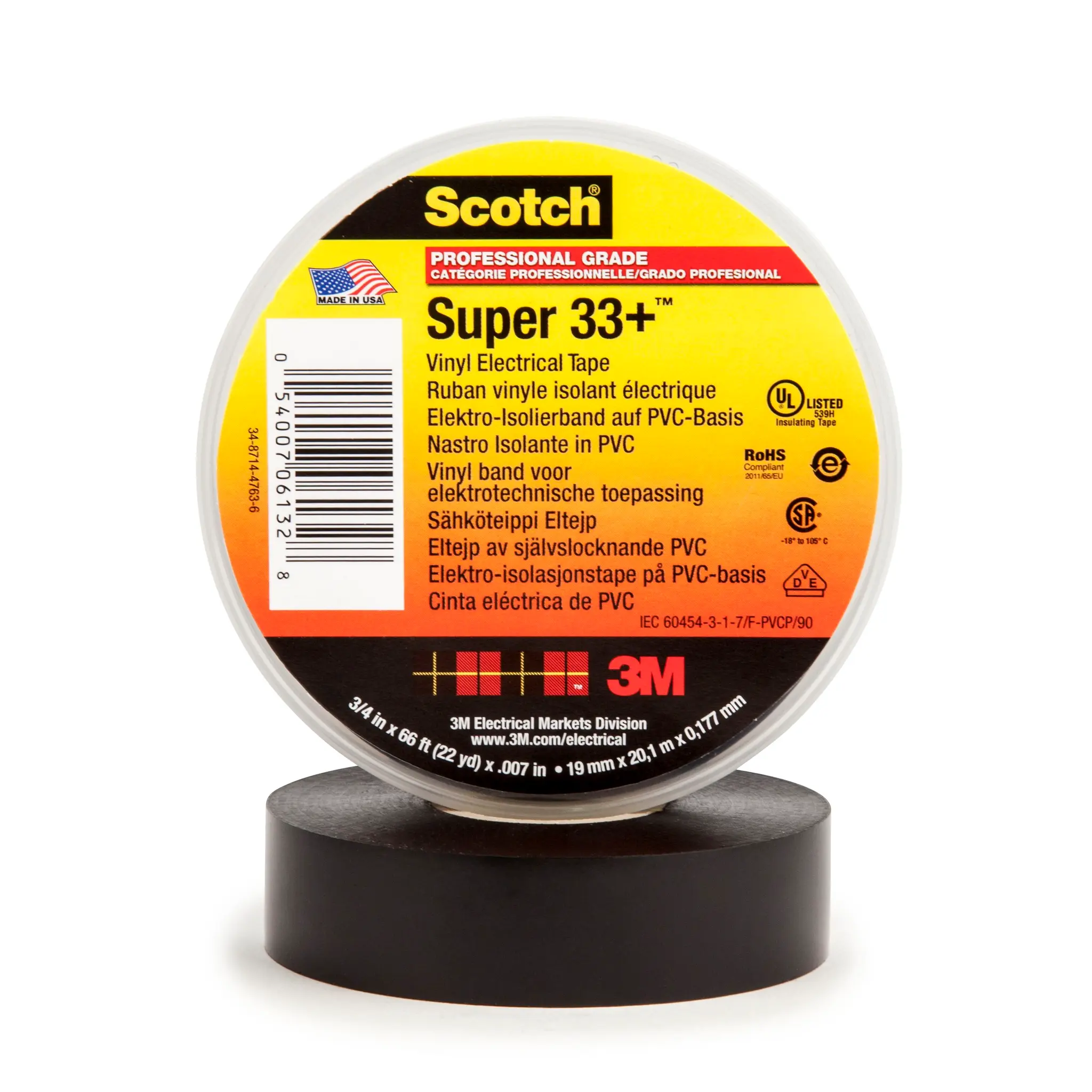 Produktfoto 1 von 3M Scotch Super 33 Polyvinylchlorid Isolierband Schwarz,  Stärke  0.18 mm x 19 mm x 20 m, -18 °C bis 105 °C