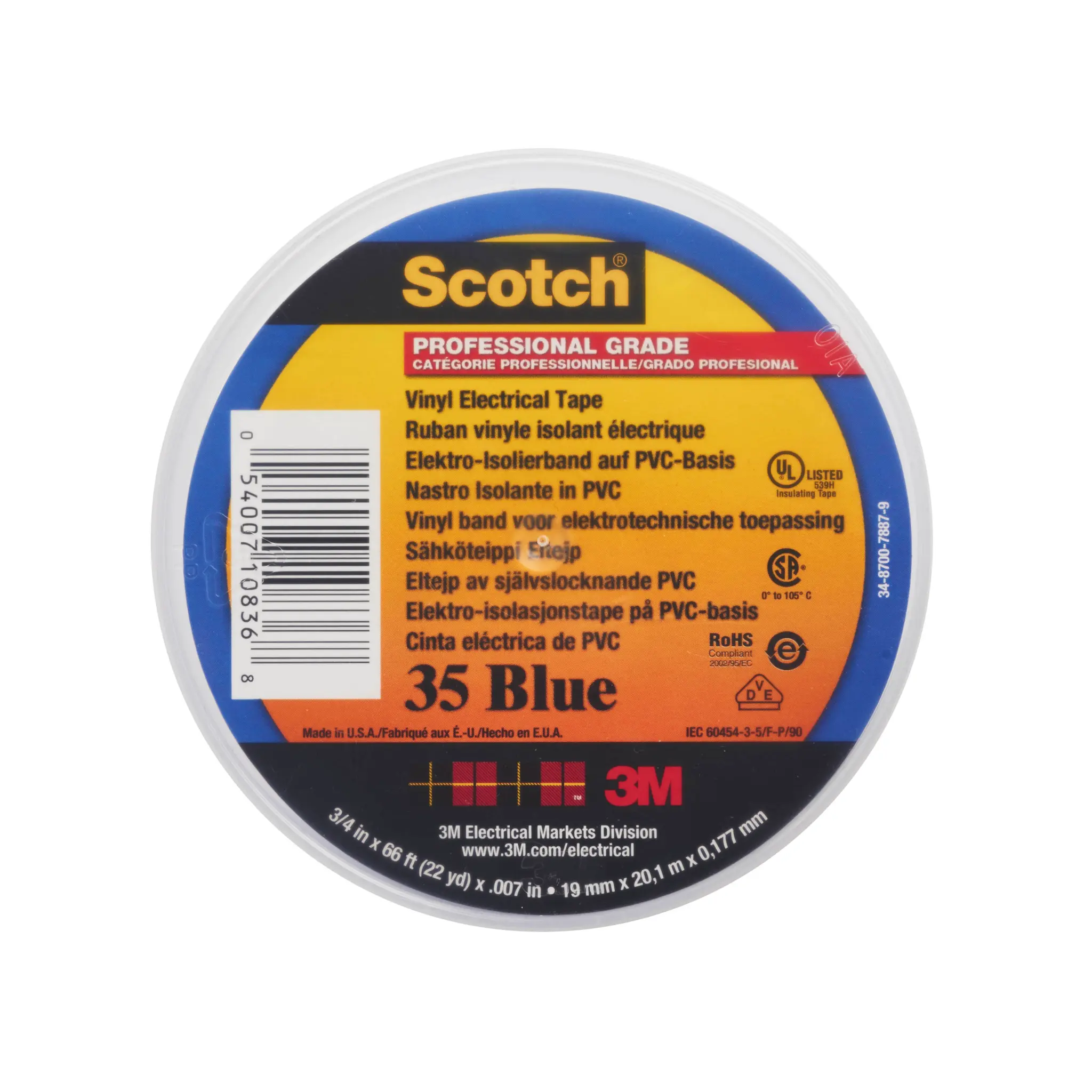 Produktfoto 1 von 3M Scotch 35 Polyvinylchlorid Isolierband Blau,  Stärke  0.18 mm x 19 mm x 20 m, -5 °C bis 105 °C