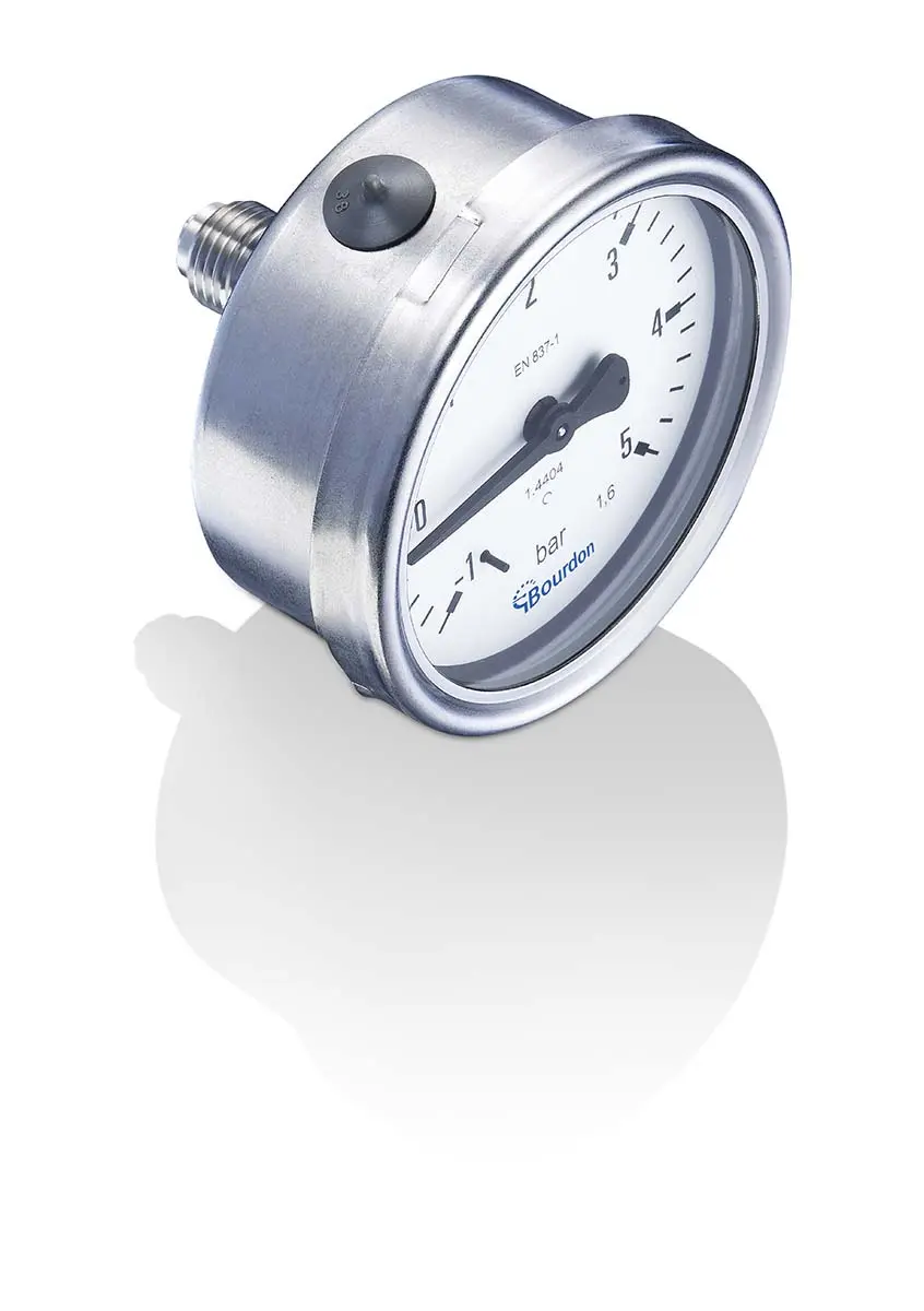 Produktfoto 1 von Bourdon Druckmessgerät Prozessanschluss hinten Analog 0bar → 2.5bar ± 1.6%, Ø 63mm Edelstahl Gehäuse G1/4
