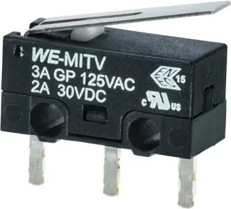 Produktfoto 1 von Wurth Elektronik Mikroschalter Hebel-Betätiger Lot, 1-poliger Wechsler, 125 V ac, 30 V dc, 3A 80g -40 °C - 85 °C