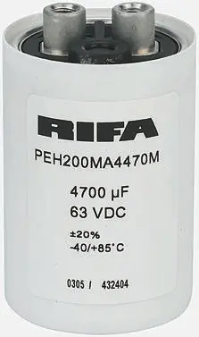 Produktfoto 1 von KEMET PEH200, Schraub Aluminium-Elektrolyt Kondensator 470μF ±20% / 385V dc, Ø 36.6mm x 97.5mm x 97.5mm, +85°C