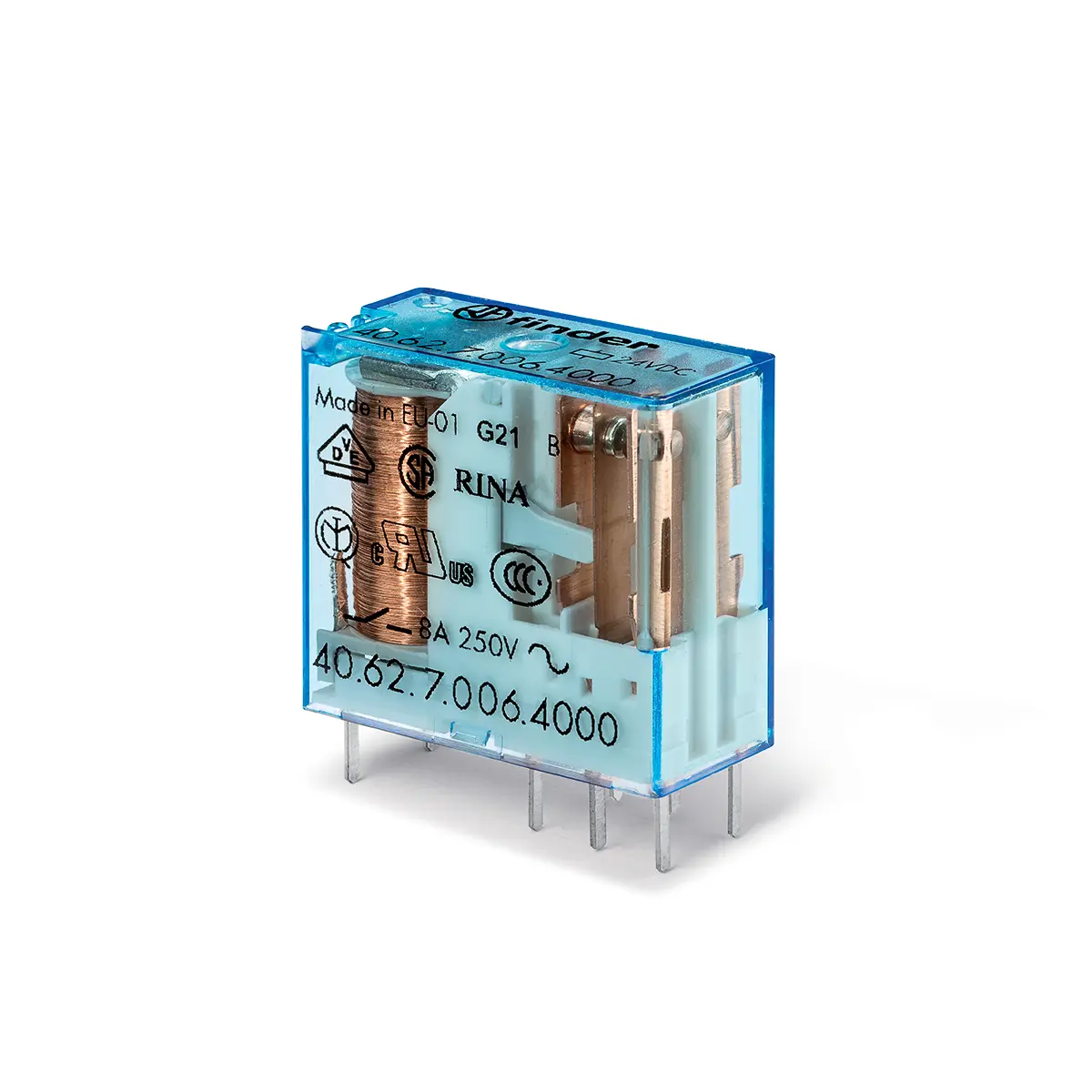 Produktfoto 1 von Finder 40 6V dc Spule 2-poliger Wechsler Printrelais 10A 55Ω 650mW Monostabiles Relais