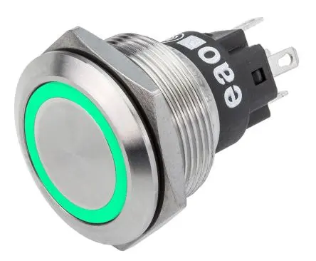 EAO 82 Druckschalter Grün Beleuchtet Tastend Panel Ø 22.3 mm, 1-poliger Umschalter / 600mA 36 V dc 36 V ac, IP65, IP67