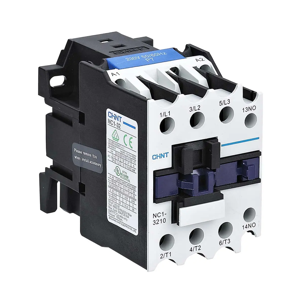 Produktfoto 1 von CHINT NC1 Schütz 230 V ac-Spule, 3-polig, 888V / 32 A 24 V 15 kW 1 Schließer Umkehrend 888-Hilfskontakte