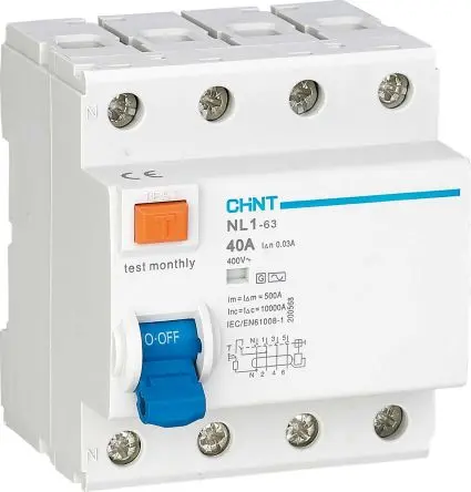 Produktfoto 1 von CHINT NL1 FI-Schutzschalter, 4-polig, 40A, 30 mA Typ AC UNE-EN61008-1