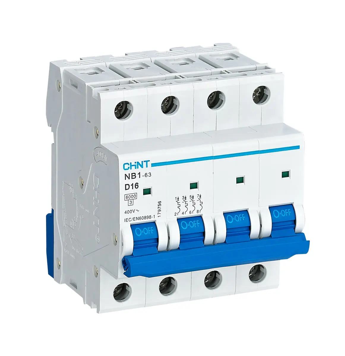 Produktfoto 1 von CHINT NB1 Miniaturüberlastschalter Typ D, Pol 4-polig 16 A 480 V ac, Abschaltvermögen 10 kA 480 V dc
