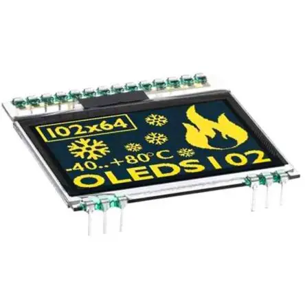 Produktfoto 1 von Display Visions 43.18 mm Gelb OLED-Display 102 x 64 Pixel, 22.4 x 33.6 mm / 12:17 Passiv-Matrix Grafik I2C, SPI