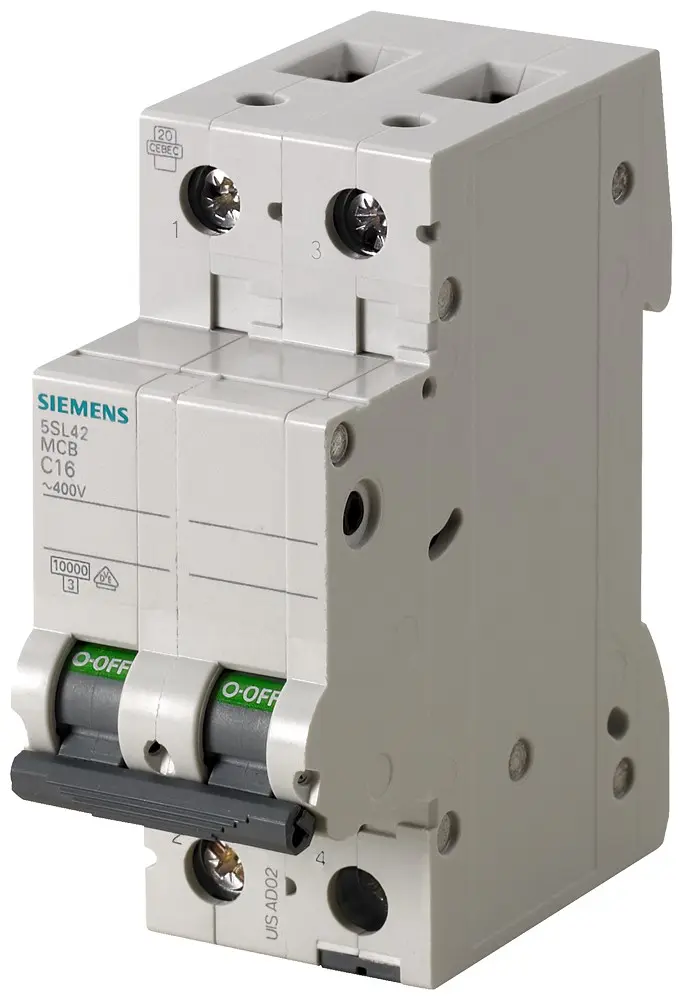 Produktfoto 1 von Siemens 5SL4 Miniaturüberlastschalter Typ C, Pol 2-polig 2 A 400 V ac, Abschaltvermögen 10 kA SENTRON 72 V dc