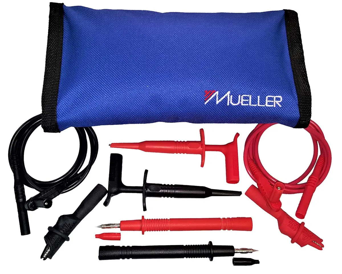 Produktfoto 1 von Mueller Electric Multimeter-Messleitungen mit Krokodilklemme, Bananenstecker, Winkelstecker, Prüfspitzen Kit Negativ 20A