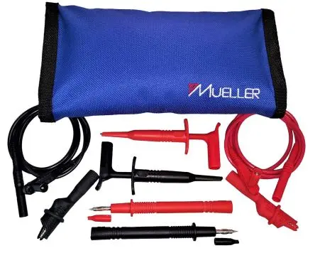 Produktfoto 1 von Mueller Electric Multimeter-Messleitungen mit Krokodilklemme, Bananenstecker, Winkelstecker, Prüfspitzen Kit Negativ 20A