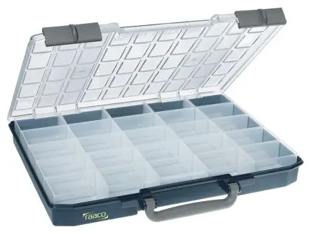 Produktfoto 1 von Raaco Kleinteilebox, Polypropylen, Polycarbonat Blau, 25 Fächer, 55 mm x 425mm x 330 mm