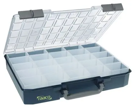 Produktfoto 1 von Raaco Kleinteilebox, Polypropylen, Polycarbonat Blau, 25 Fächer, 80 mm x 415mm x 330 mm