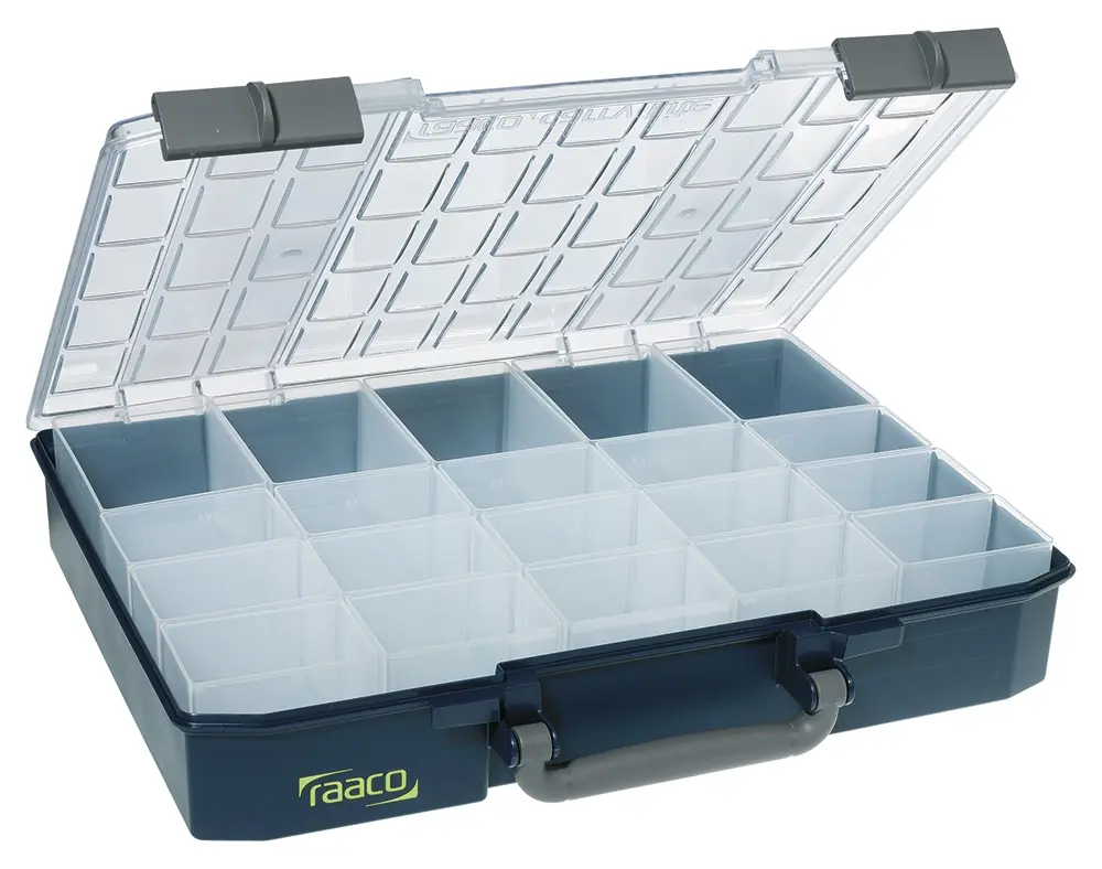 Produktfoto 1 von Raaco Kleinteilebox, Polycarbonat, Polypropylen Schwarz, 20 Fächer, 80 mm x 415 mm x 330 mm