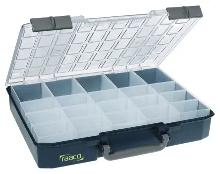 Produktfoto 1 von Raaco Kleinteilebox, Polycarbonat, Polypropylen Schwarz, 20 Fächer, 80 mm x 415mm x 330 mm
