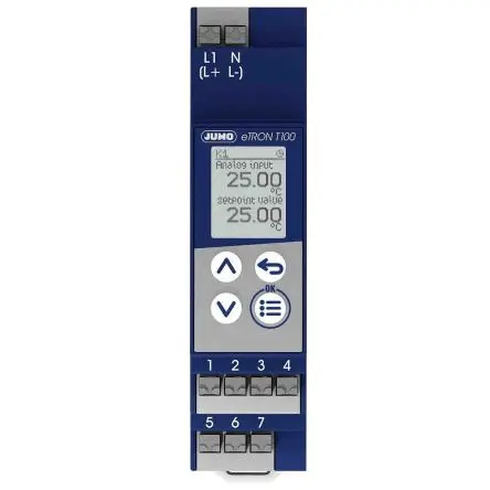 Produktfoto 1 von Jumo eTRON T100 Ein-Aus-Temperaturregler DIN-Hutschiene 1, 1 x Relais Ausgang/ Thermoelement Eingang 230V