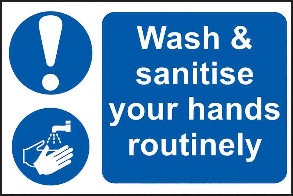 Produktfoto 1 von RS PRO Gebotszeichen mit Piktogramm: Wash and Sanitise your hands routinely, Polyvinylchlorid Selbstklebend Englisch, B