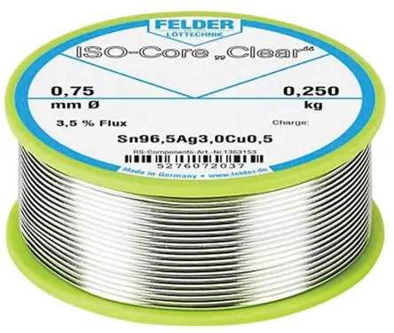 Produktfoto 1 von Felder Lottechnik Draht Lötzinn bleifrei 96.5 %Sn 0 %Pb 0.5 %Cu 3.0 %Ag, 217 °C, Ø 0.75 mm / 250 g