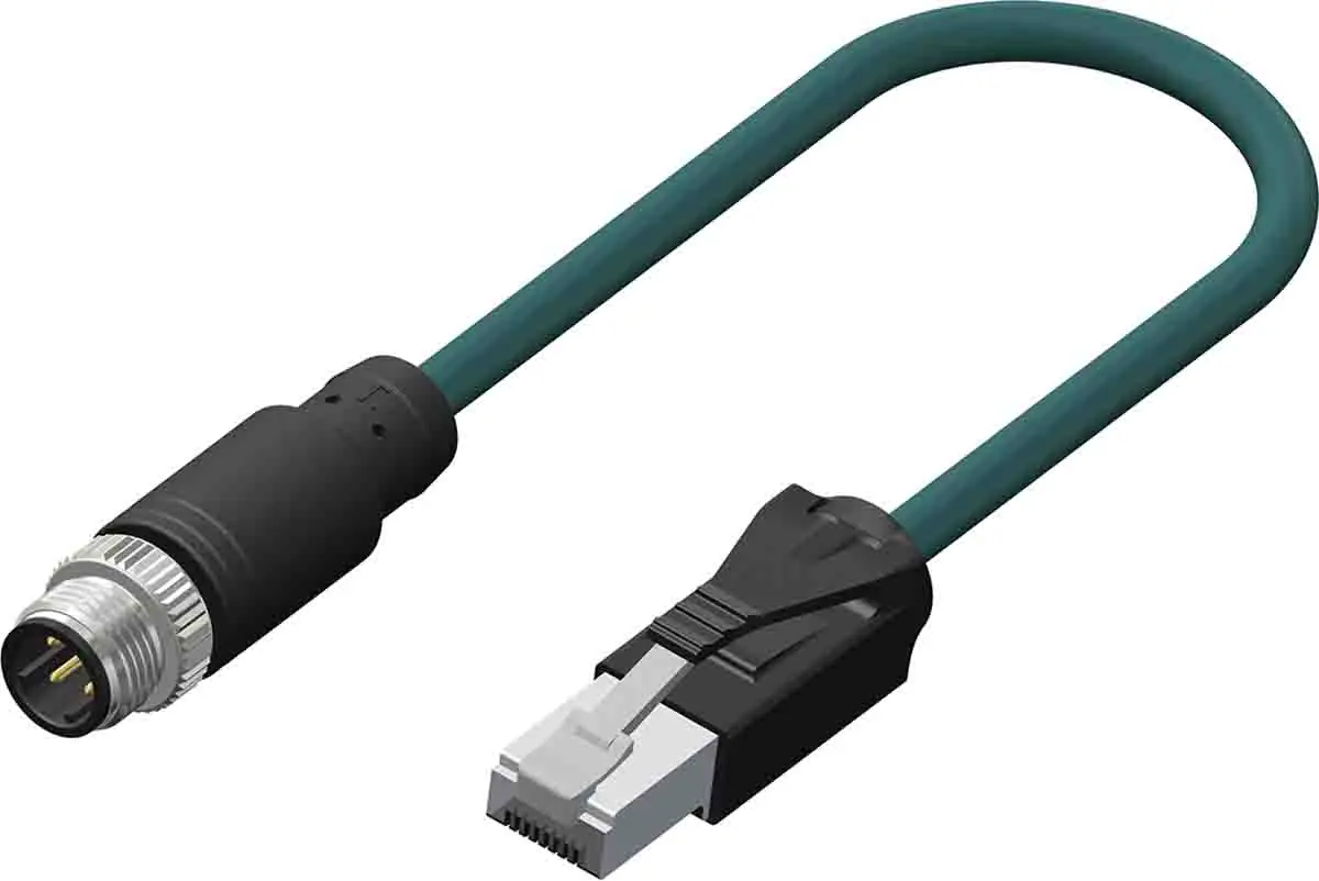 Produktfoto 1 von RS PRO Cat5e Ethernet-Kabel, 5 m, Blaugrün Geflecht Stecker, A M12 Stecker, B RJ45, Polyurethan