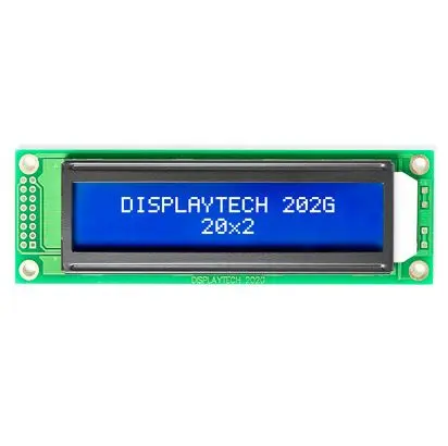Produktfoto 1 von Displaytech 202 g Monochrom LCD, Alphanumerisch LED Weiß 20 Zeichen x 2 Zeilen, Hintergrund Blau