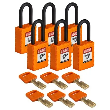Produktfoto 1 von Brady Kunststoff, Nylon Vorhängeschloss Schlüssel Wetterfest Orange, Bügel-Ø 6.35 mm x 38.1 mm 38.00mm