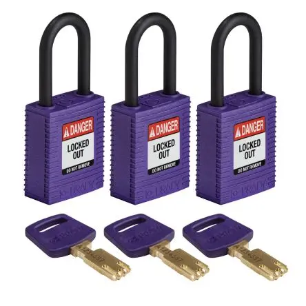 Produktfoto 1 von Brady Nylon, Kunststoff Vorhängeschloss Schlüssel Wetterfest Violett gleichsperrend, Bügel-Ø 6.35 mm x 38.1 mm 19mm
