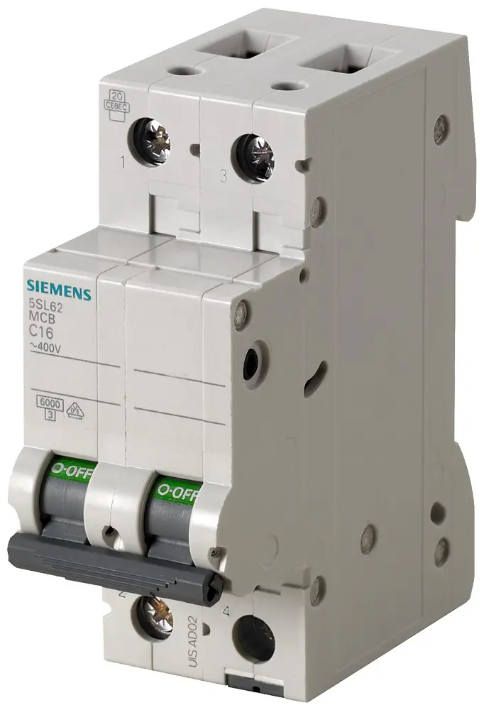 Produktfoto 1 von Siemens 5SL6 Miniaturüberlastschalter Typ C, Pol 2-polig 10 A 400 V ac, Abschaltvermögen 6 kA SENTRON 72 V dc