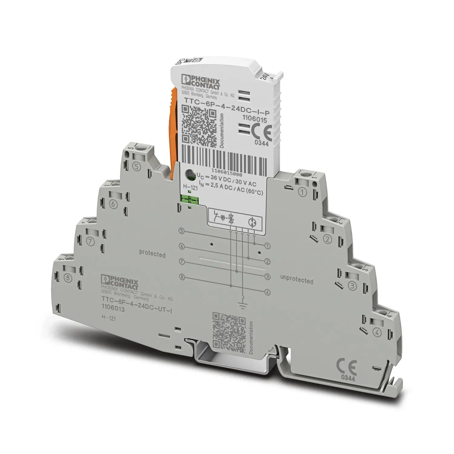 Produktfoto 1 von Phoenix Contact, Industrie-Überspannungsableiter, 1-phasig, 900 V 10 kA DIN-Hutschiene TTC-6P