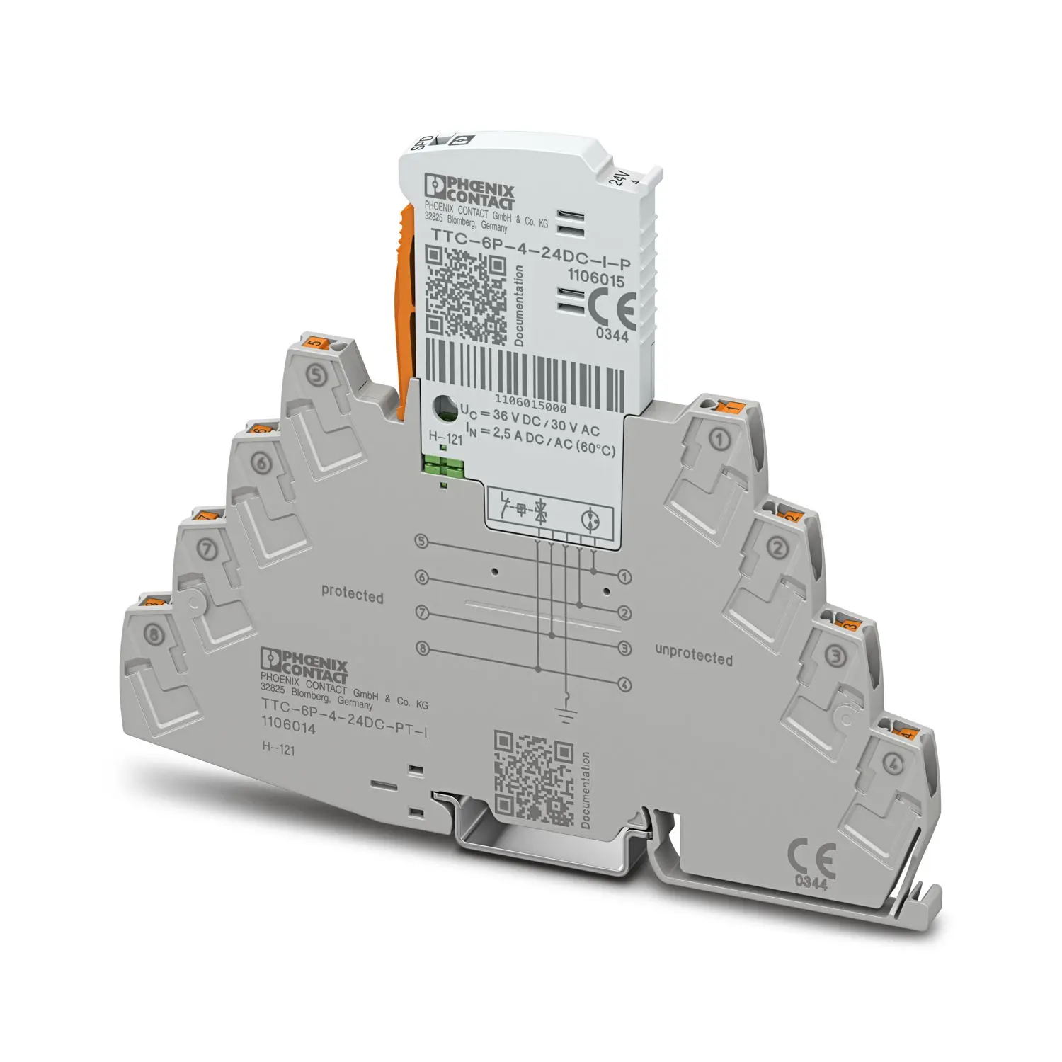 Produktfoto 1 von Phoenix Contact, Industrie-Überspannungsableiter, 1-phasig, 100 V 10 kA DIN-Hutschiene TTC-6P
