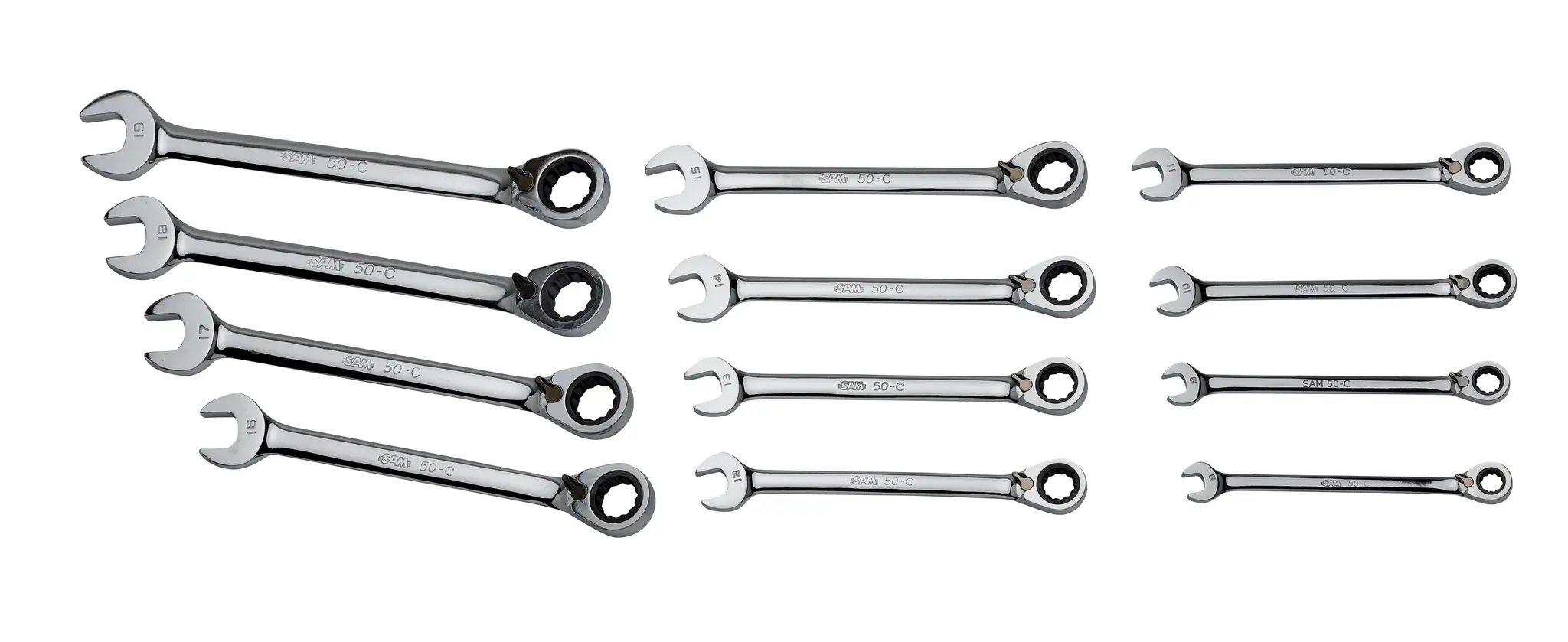 Produktfoto 1 von SAM Gabel‑Ring Ratschenschlüssel Satz Gabel‑Ring Ratschenschlüssel Satz CrV-Stahl, 11-teilig 8 To 19 mm