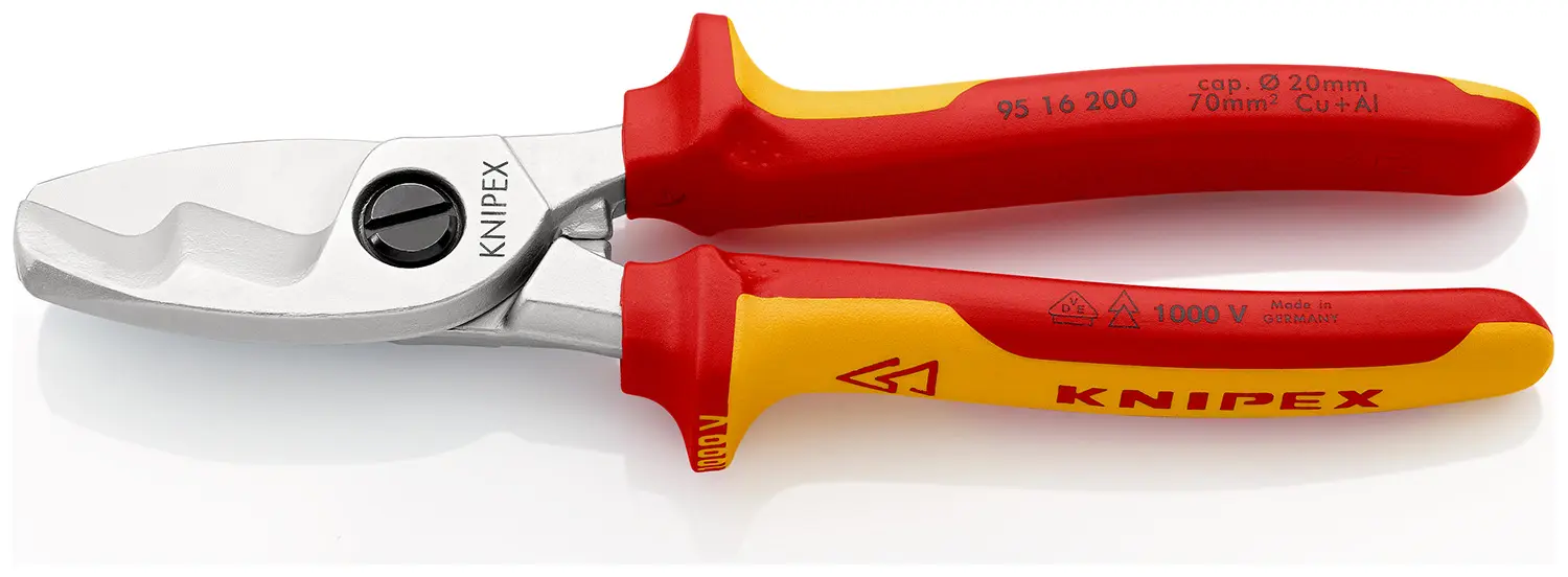 Produktfoto 1 von Knipex Knipex VDE 1000V zugelassen Glatt Kabelschere Schließer (NO) 200 mm, Schneidleistung 20 mm