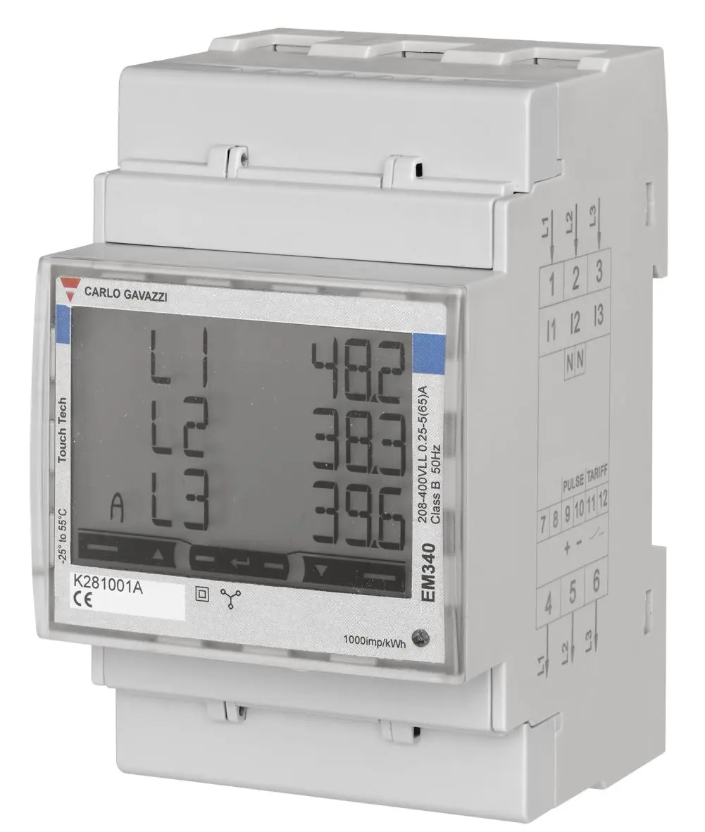 Produktfoto 1 von Carlo Gavazzi EM340 Energiemessgerät LCD 91 mm x 54 mm Digital, 8-stellig / 3-phasig 1 Eing. Impulsausgang