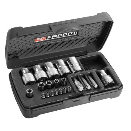 Produktfoto 1 von Facom TORX®-Steckschlüsselsatz 1/2 in, 1/4 in Vierkant Innensechsrund (1/4 in) E6, E7, E8, E10, (1/2 in) E10, E14, E16,