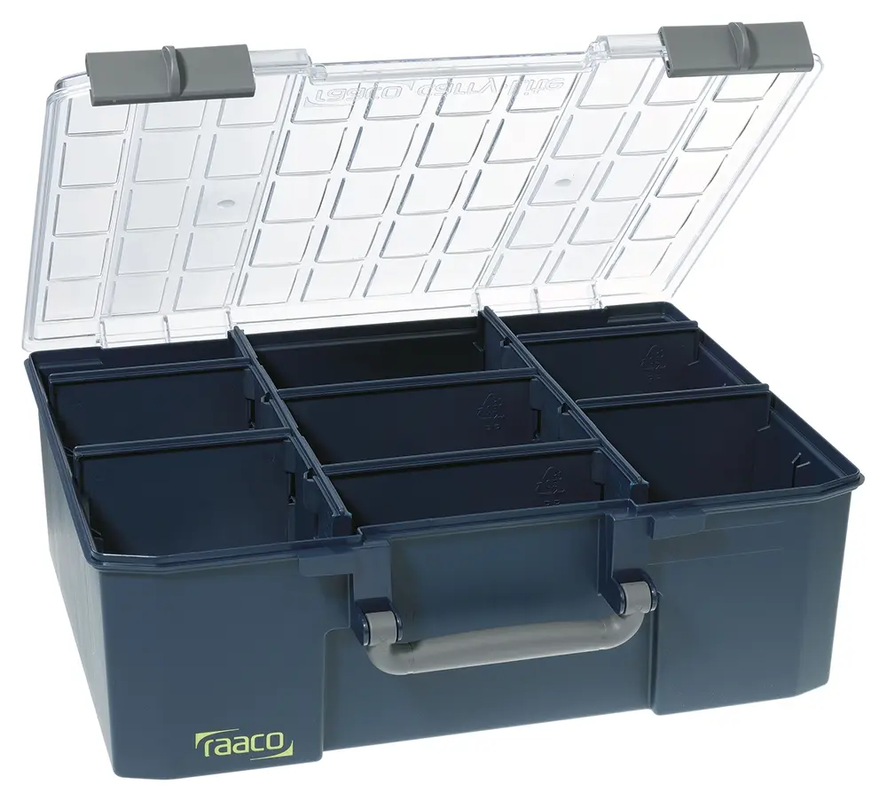 Produktfoto 1 von Raaco Kleinteilebox, Polycarbonat, Polypropylen Blau, 9 Fächer, 150 mm x 415 mm x 330 mm