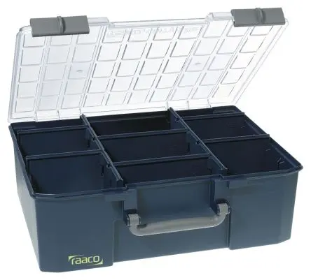 Produktfoto 1 von Raaco Kleinteilebox, Polycarbonat, Polypropylen Blau, 9 Fächer, 150 mm x 415mm x 330 mm