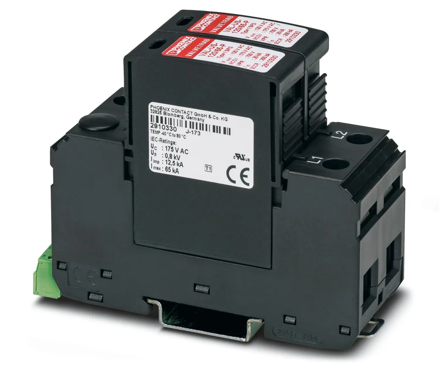 Phoenix VAL-US-120/65/2+0-FM Überspannungsschutzeinheit Arrester Typ 1 65 kA 240V ac, DIN-Hutschiene, -25 °C→60 °C