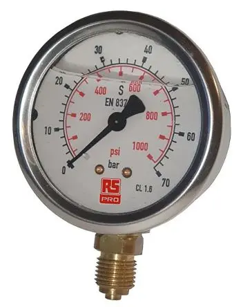 Produktfoto 1 von RS PRO Typ G Manometer 100 mm 0 bar → 10 bar ±1 % Edelstahl Gehäuse G 3/8