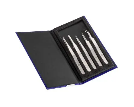 Produktfoto 1 von ideal-tek Edelstahl Pinzettensatz, 185 mm, Spitze Flach, Abgewinkelt Antimagnetisch 1-teilig