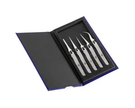 Produktfoto 1 von ideal-tek Edelstahl Pinzettensatz, 185 mm, Spitze Flach, Abgewinkelt Antimagnetisch 1-teilig