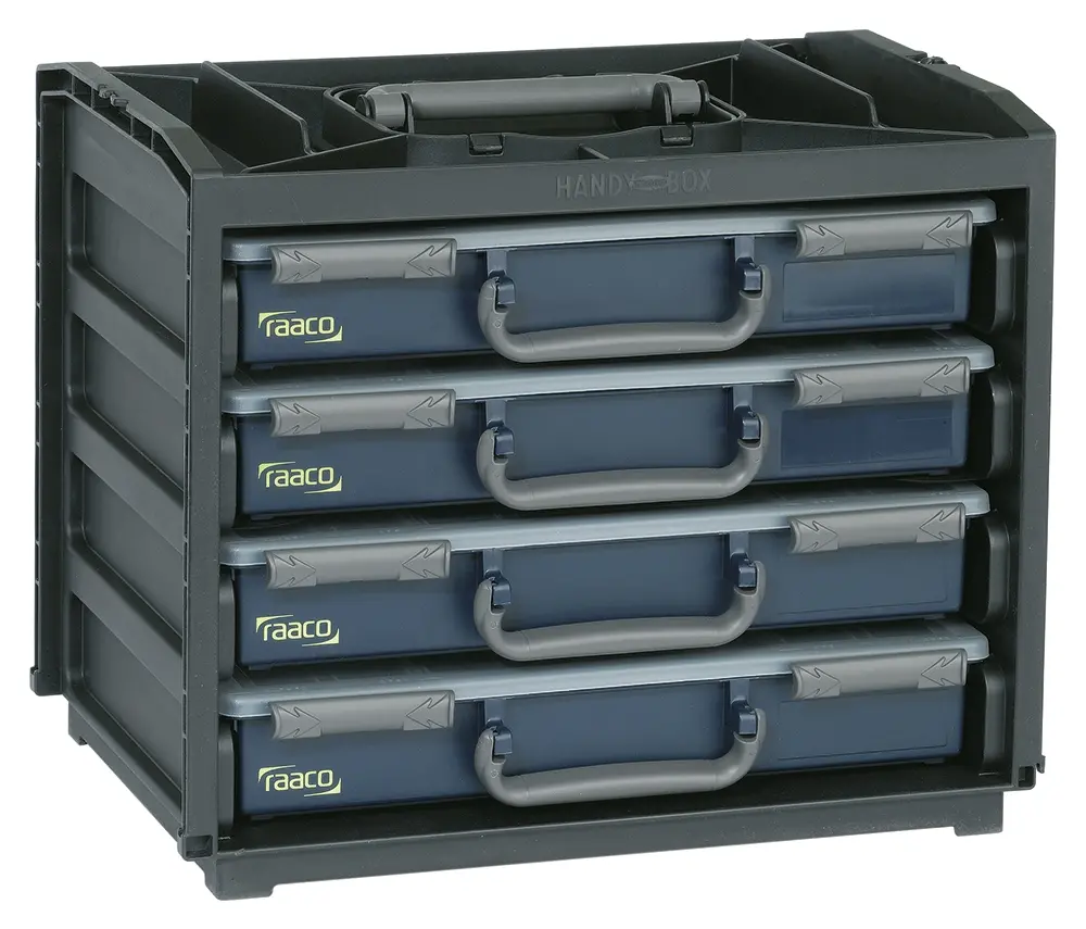 Produktfoto 1 von Raaco Kleinteilebox, Polypropylen, Polycarbonat Schwarz, Grau, 64 Fächer Verstellbare Fächer, 310 mm x 376 mm x 265 mm