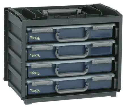 Produktfoto 1 von Raaco Kleinteilebox, Polypropylen, Polycarbonat Schwarz, Grau, 64 Fächer Verstellbare Fächer, 310 mm x 376mm x 265 mm