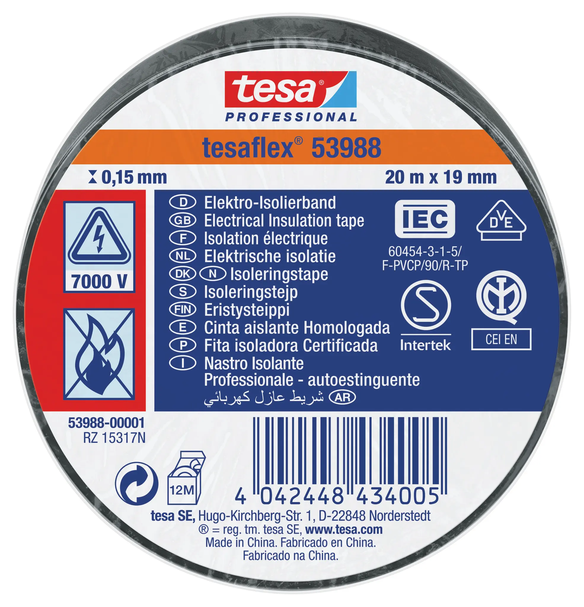 Produktfoto 1 von Tesa Tesa 53988 Polyvinylchlorid Isolierband Schwarz,  Stärke  150 μm x 15 mm x 10 m, 10 °C bis 90 °C