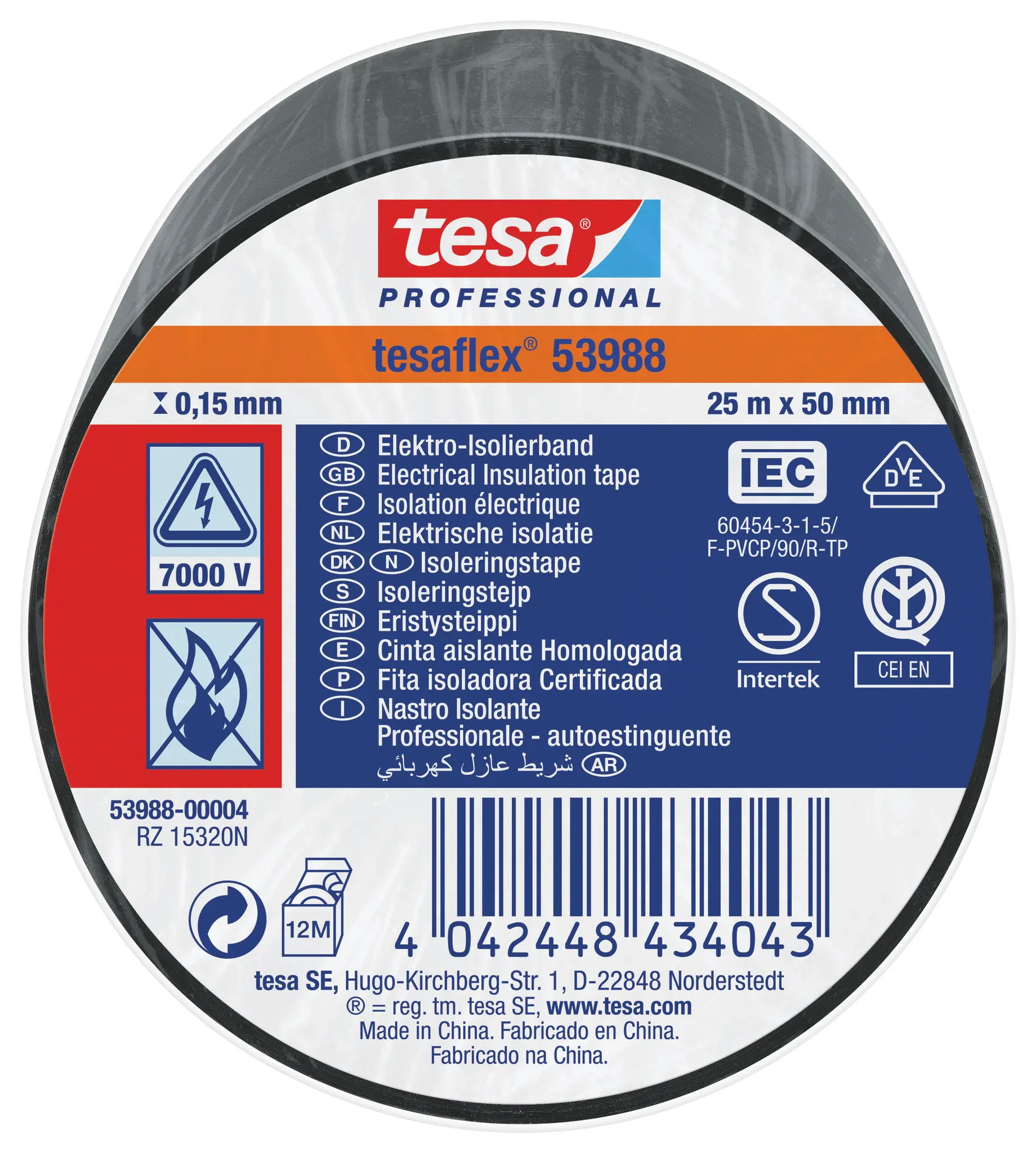 Produktfoto 1 von Tesa Tesa 53988 Polyvinylchlorid Isolierband Schwarz,  Stärke  150 mm x 50 mm x 25 m, 25 °C bis 90 °C