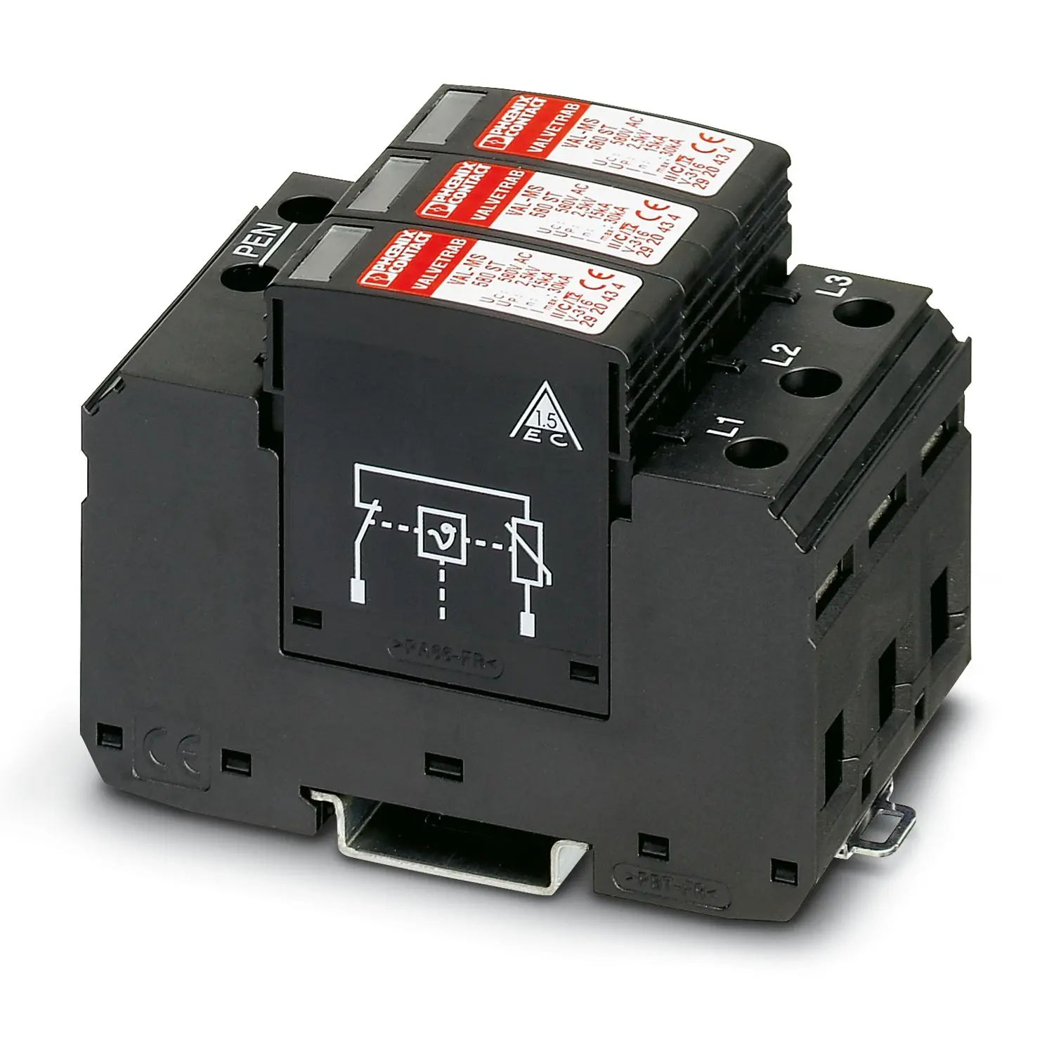Produktfoto 1 von Phoenix Contact, Überspannungsableiter, 3-phasig, 2.5 kV 30 kA DIN-Hutschiene VALVETRAB VAL-MS