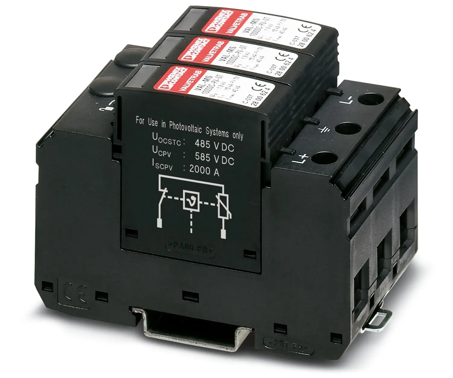 Produktfoto 1 von Phoenix VAL-MS 1000DC-PV/2+V Überspannungsableiter Überspannungsableiter 40 kA 335V ac, DIN-Hutschiene, -40 °C→80 °C