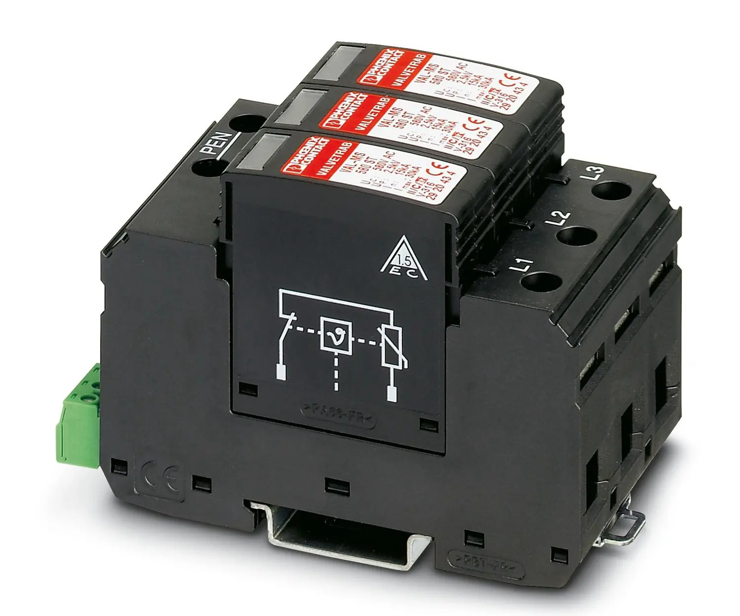 Produktfoto 1 von Phoenix VAL Überspannungsableiter Überspannungsableiter 30 kA 580V ac, DIN-Hutschiene, -40 °C→80 °C