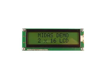 Produktfoto 1 von Midas Monochrom LCD, LCD LED Gelb, Grün 2 x 16, Hintergrund Schwarz, Gelb, Grün, Parallel Interface