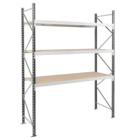 Produktfoto 1 von Manorga Regal Starterset, 3 Regale, Galvanisierter Stahl, Spanplatten, Grau, 2000 mm x 25mm, 800 mm, 470 kg Last