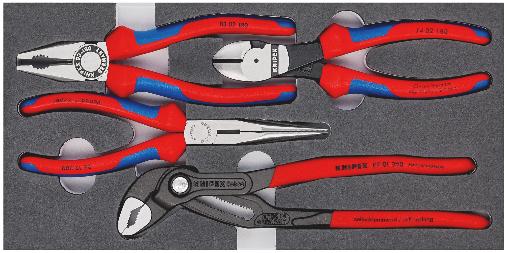 Produktfoto 1 von Knipex Zangensatz Flach, Gerade 4 Stk. 335 mm Kombizange, Seitenschneider, Spitzzange, Wasserpumpenzange