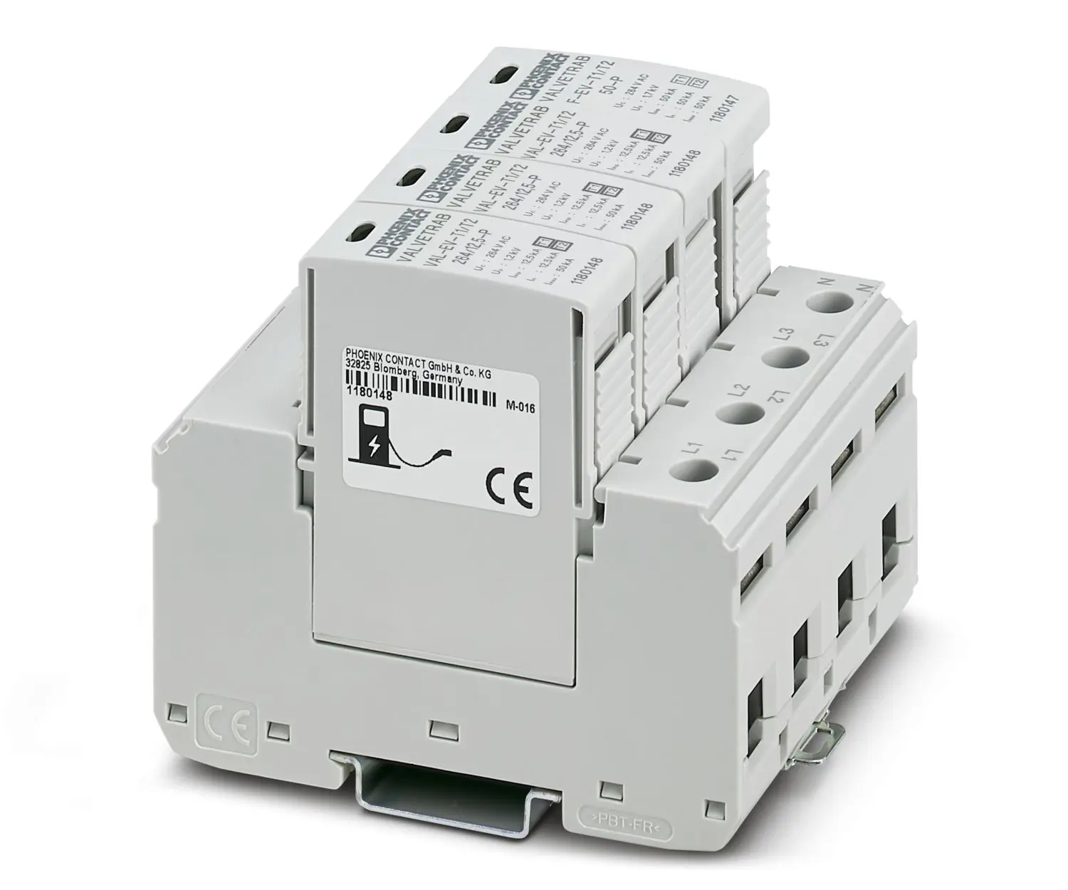 Produktfoto 1 von Phoenix VAL-EV-T1/T2 264/12.5/3+1 Überspannungsableiter Kombinierter Ableiter 50 A 264V, DIN-Hutschiene, -40 °C→80 °C